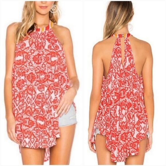 FREE PEOPLE | Mimi Linen Blend Orange Halter Tunic Lavender Combo Women’s Size M - Picture 1 of 13